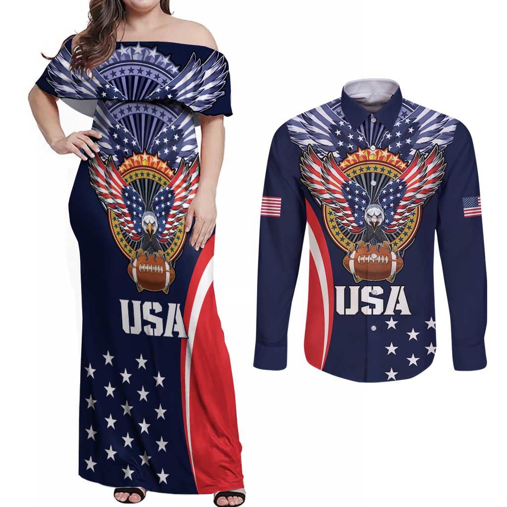 Custom USA Rugby Couples Matching Off Shoulder Maxi Dress and Long Sleeve Button Shirt American Eagle With USA Flags - Wonder Print Shop