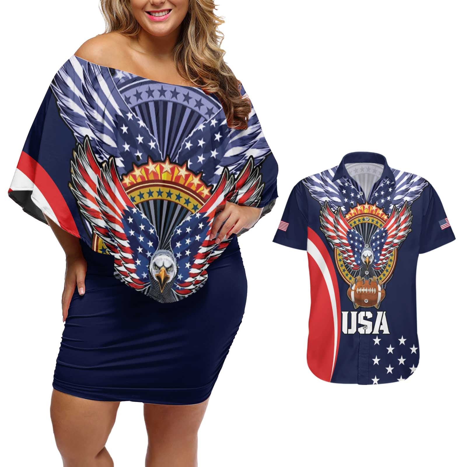 Custom USA Rugby Couples Matching Off Shoulder Short Dress and Hawaiian Shirt American Eagle With USA Flags - Wonder Print Shop