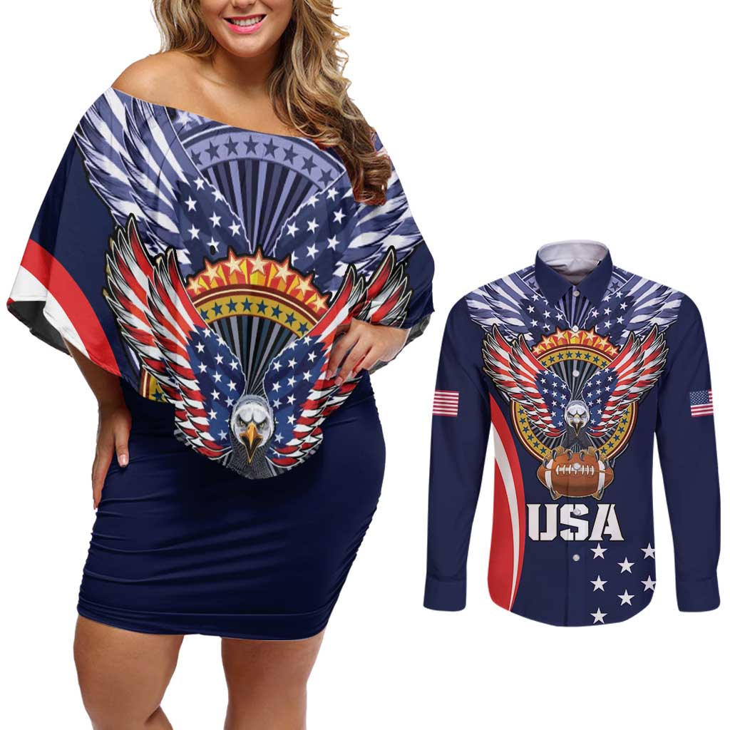 Custom USA Rugby Couples Matching Off Shoulder Short Dress and Long Sleeve Button Shirt American Eagle With USA Flags - Wonder Print Shop