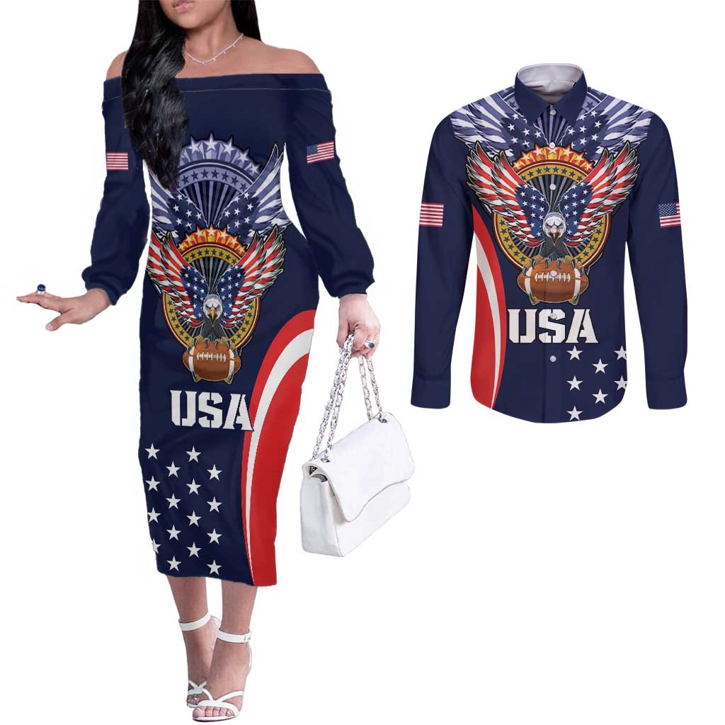 Custom USA Rugby Couples Matching Off The Shoulder Long Sleeve Dress and Long Sleeve Button Shirt American Eagle With USA Flags