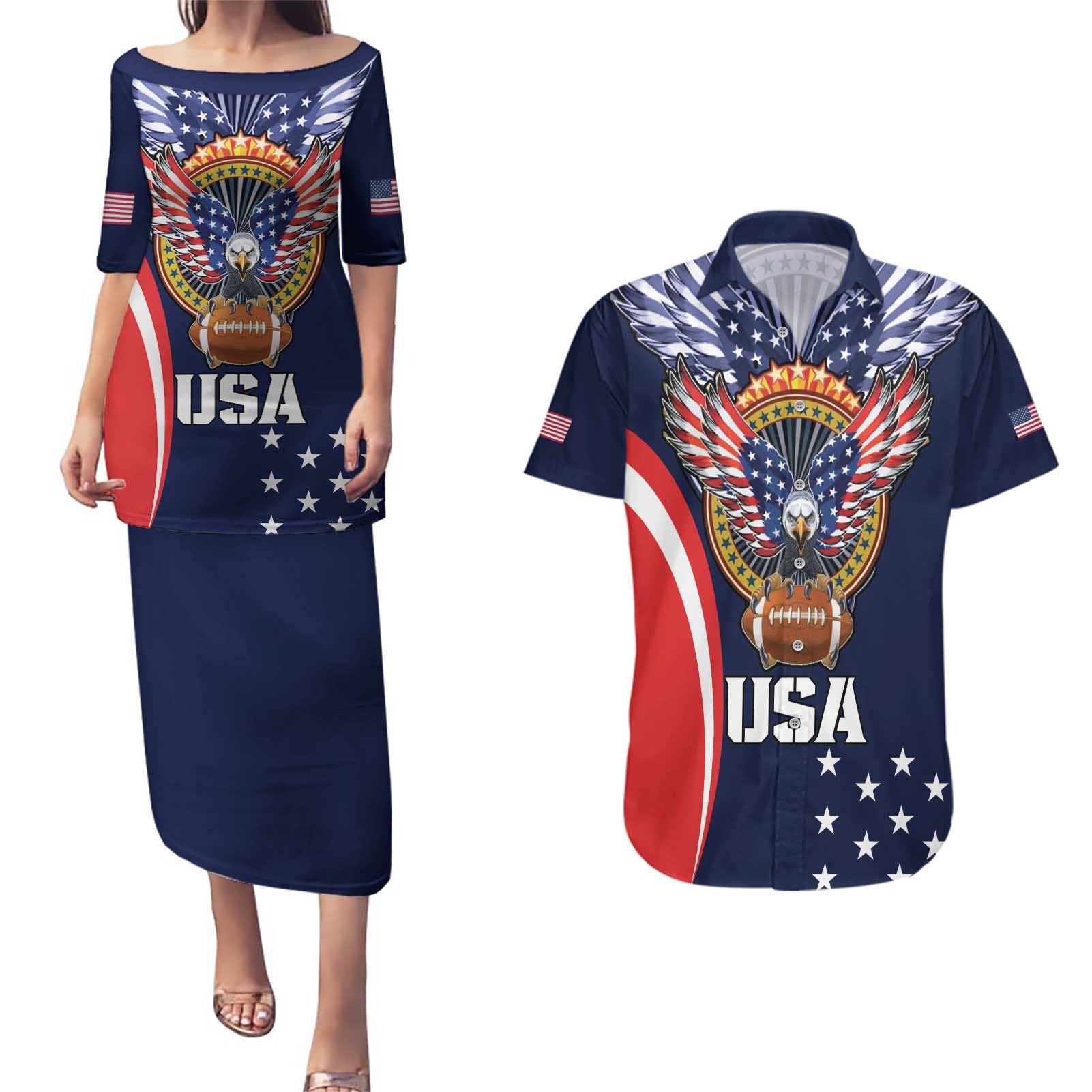 Custom USA Rugby Couples Matching Puletasi and Hawaiian Shirt American Eagle With USA Flags - Wonder Print Shop