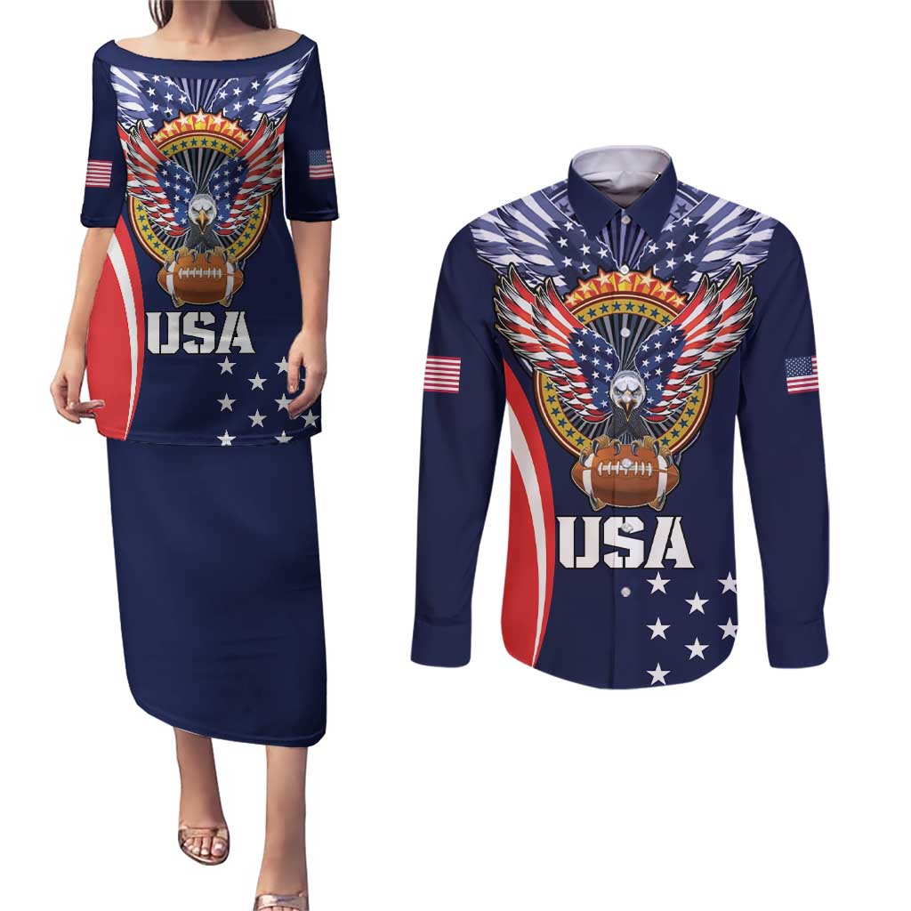 Custom USA Rugby Couples Matching Puletasi and Long Sleeve Button Shirt American Eagle With USA Flags - Wonder Print Shop