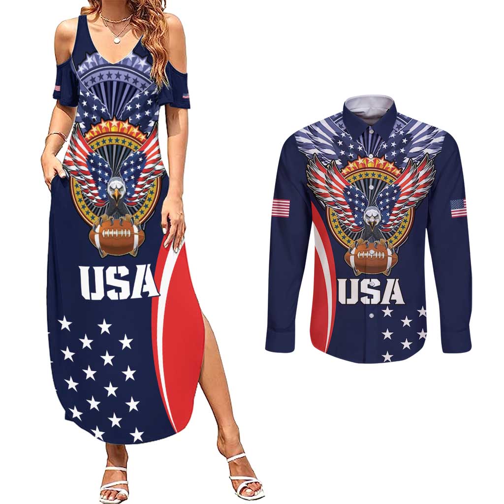 Custom USA Rugby Couples Matching Summer Maxi Dress and Long Sleeve Button Shirt American Eagle With USA Flags - Wonder Print Shop