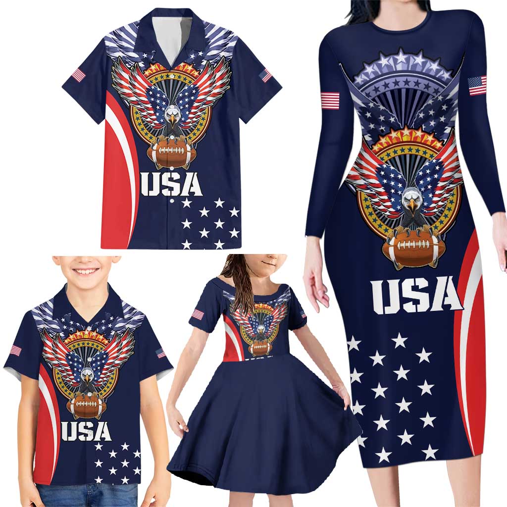 Custom USA Rugby Family Matching Long Sleeve Bodycon Dress and Hawaiian Shirt American Eagle With USA Flags - Wonder Print Shop