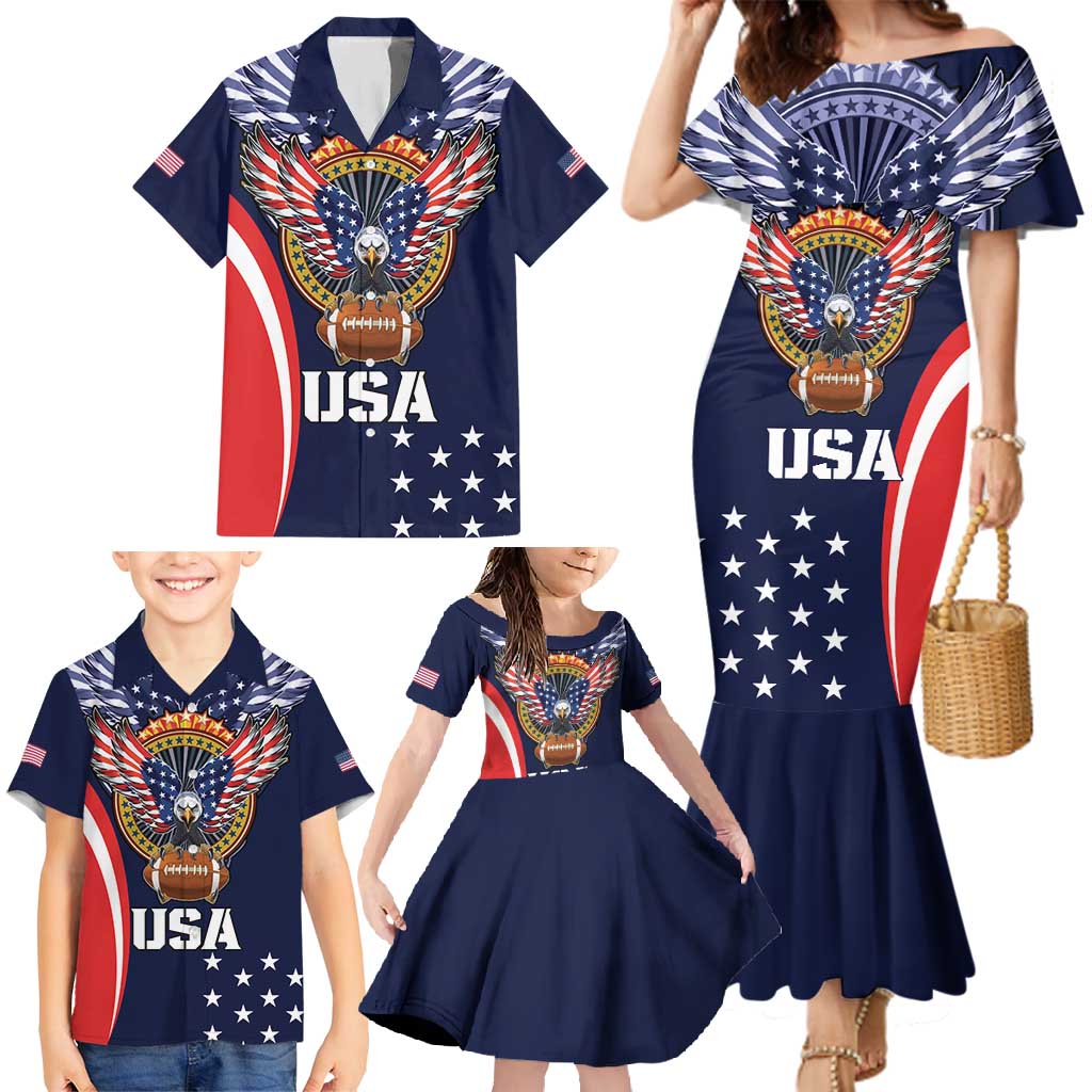 Custom USA Rugby Family Matching Mermaid Dress and Hawaiian Shirt American Eagle With USA Flags - Wonder Print Shop