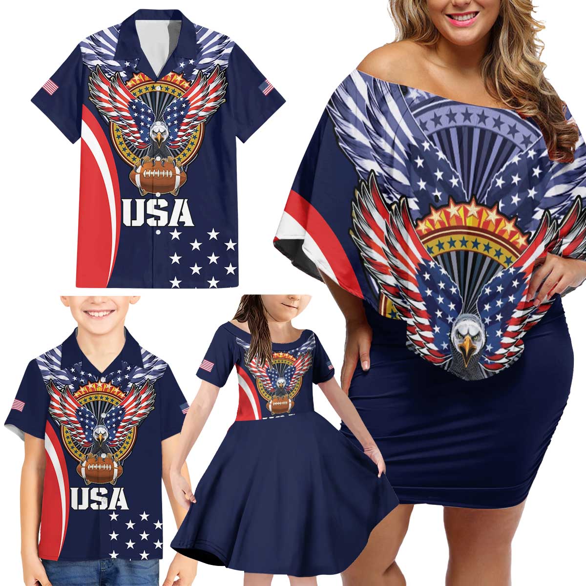 Custom USA Rugby Family Matching Off Shoulder Short Dress and Hawaiian Shirt American Eagle With USA Flags - Wonder Print Shop