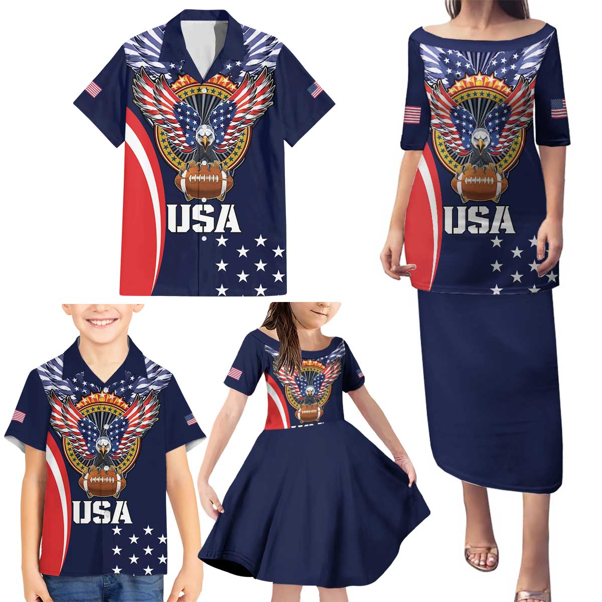 Custom USA Rugby Family Matching Puletasi and Hawaiian Shirt American Eagle With USA Flags - Wonder Print Shop