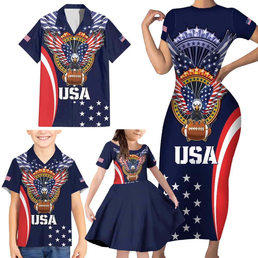 Custom USA Rugby Family Matching Short Sleeve Bodycon Dress and Hawaiian Shirt American Eagle With USA Flags - Wonder Print Shop