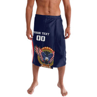 Navy blue rugby shorts with side graphic crest and USA flag print
