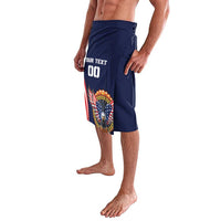 Navy blue rugby shorts with 'YOUR TEXT 00' and eagles-and-flag emblem