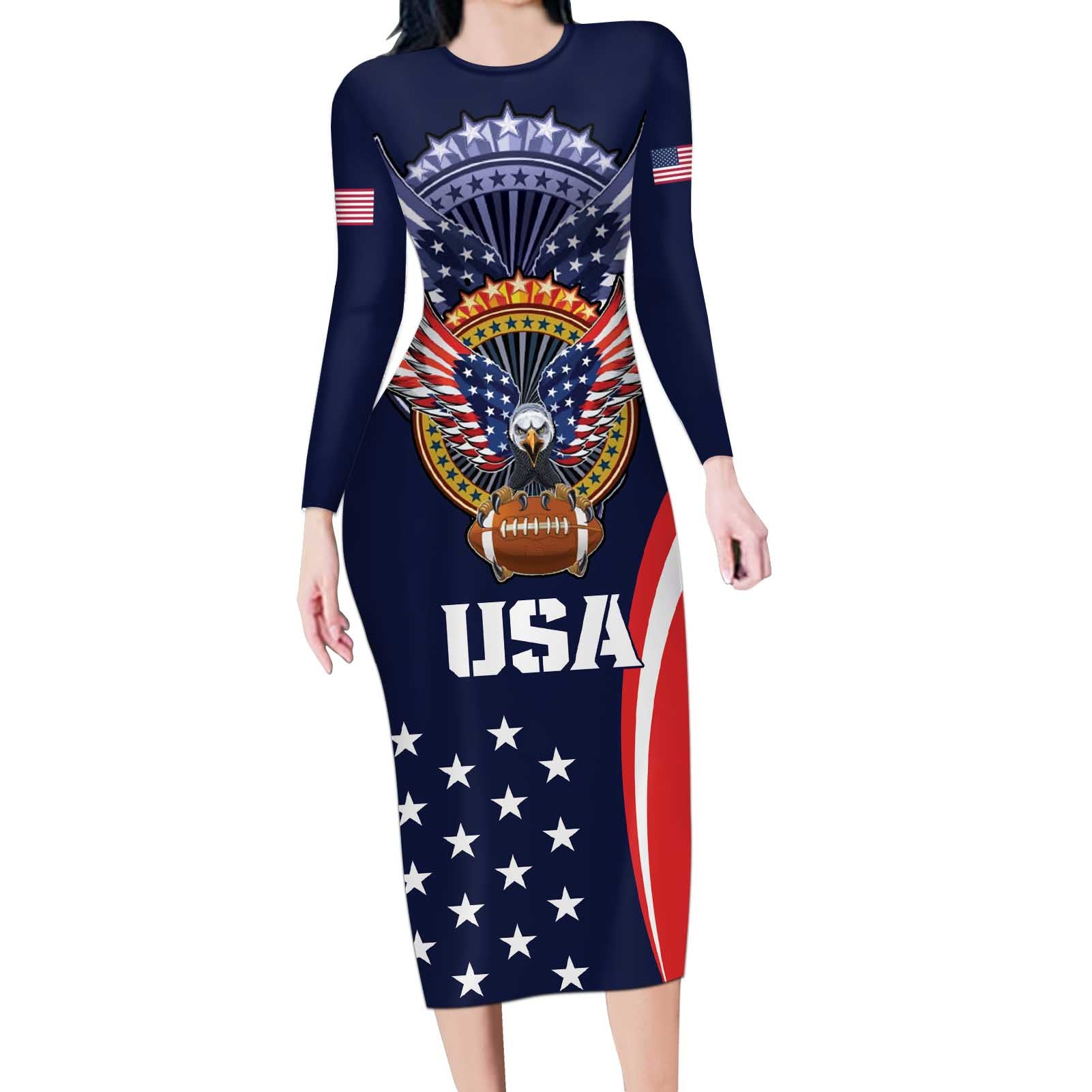 Custom USA Rugby Long Sleeve Bodycon Dress American Eagle With USA Flags - Wonder Print Shop