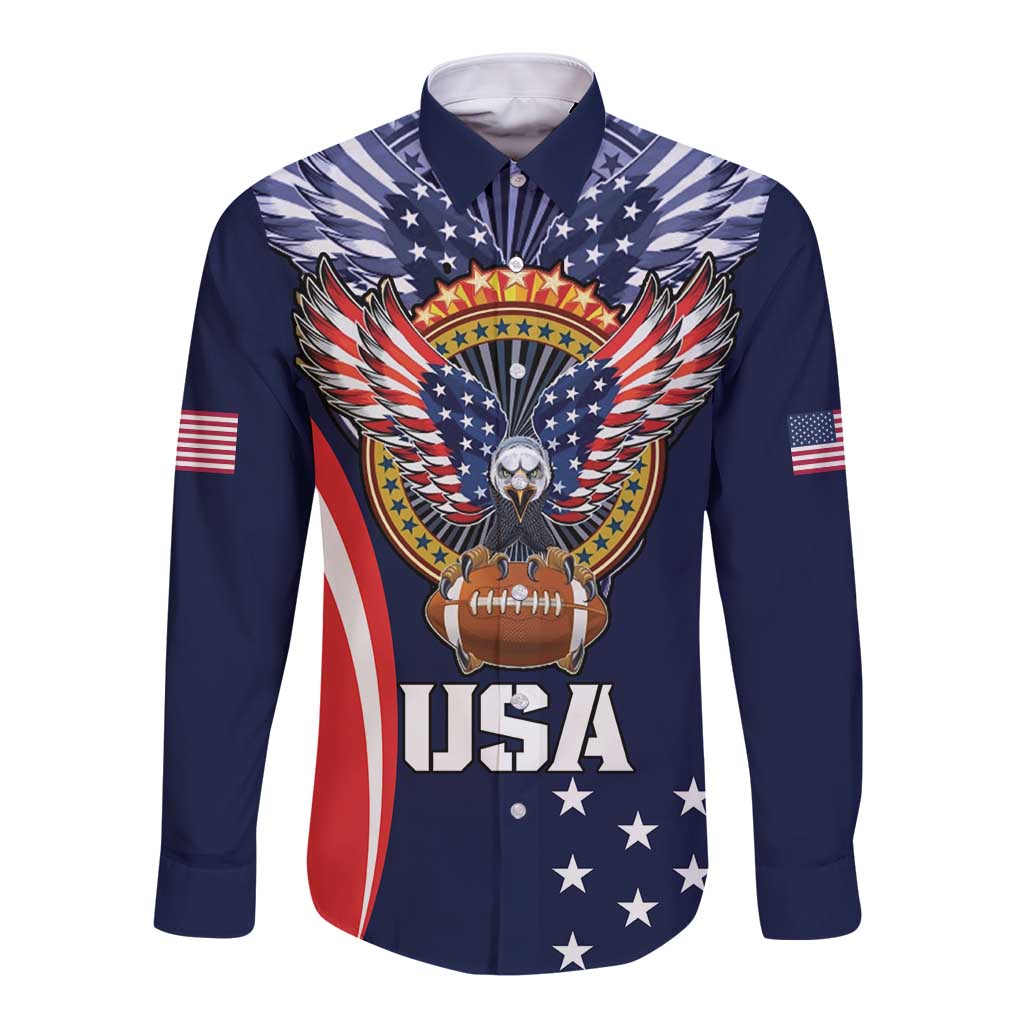 Custom USA Rugby Long Sleeve Button Shirt American Eagle With USA Flags - Wonder Print Shop