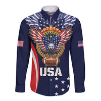 Navy blue rugby button shirt with USA eagle and stars on front, long sleeves