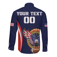 Navy blue rugby button shirt back shows 'YOUR TEXT 00' with eagle and USA stars