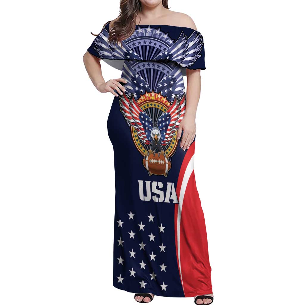 Custom USA Rugby Off Shoulder Maxi Dress American Eagle With USA Flags - Wonder Print Shop