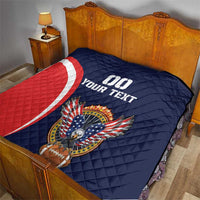 Blue rugby quilt with red-and-white arc stripe, eagle patch, football, custom text.