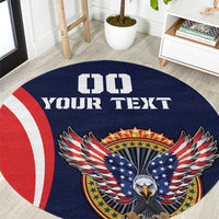 Blue round USA eagle graphic carpet rug with “YOUR TEXT” and flag accents