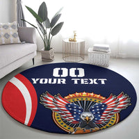 Blue round USA eagle carpet rug centered with “YOUR TEXT” and winged badge