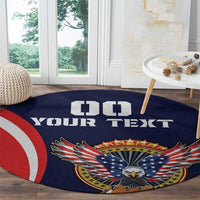 Blue round USA eagle carpet rug with “YOUR TEXT” and red-white stripe edge