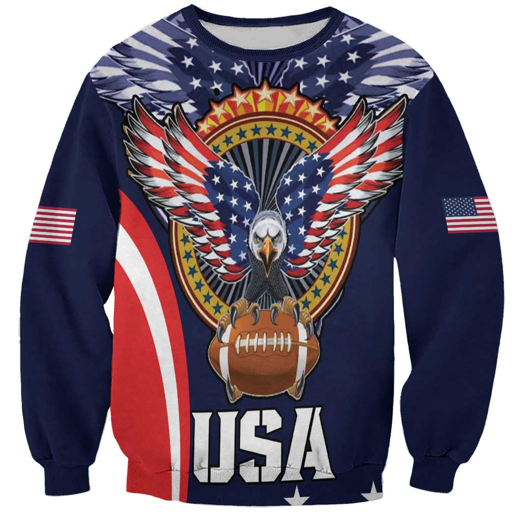 Blue USA rugby sweatshirt with eagle emblem, football graphic, and USA text