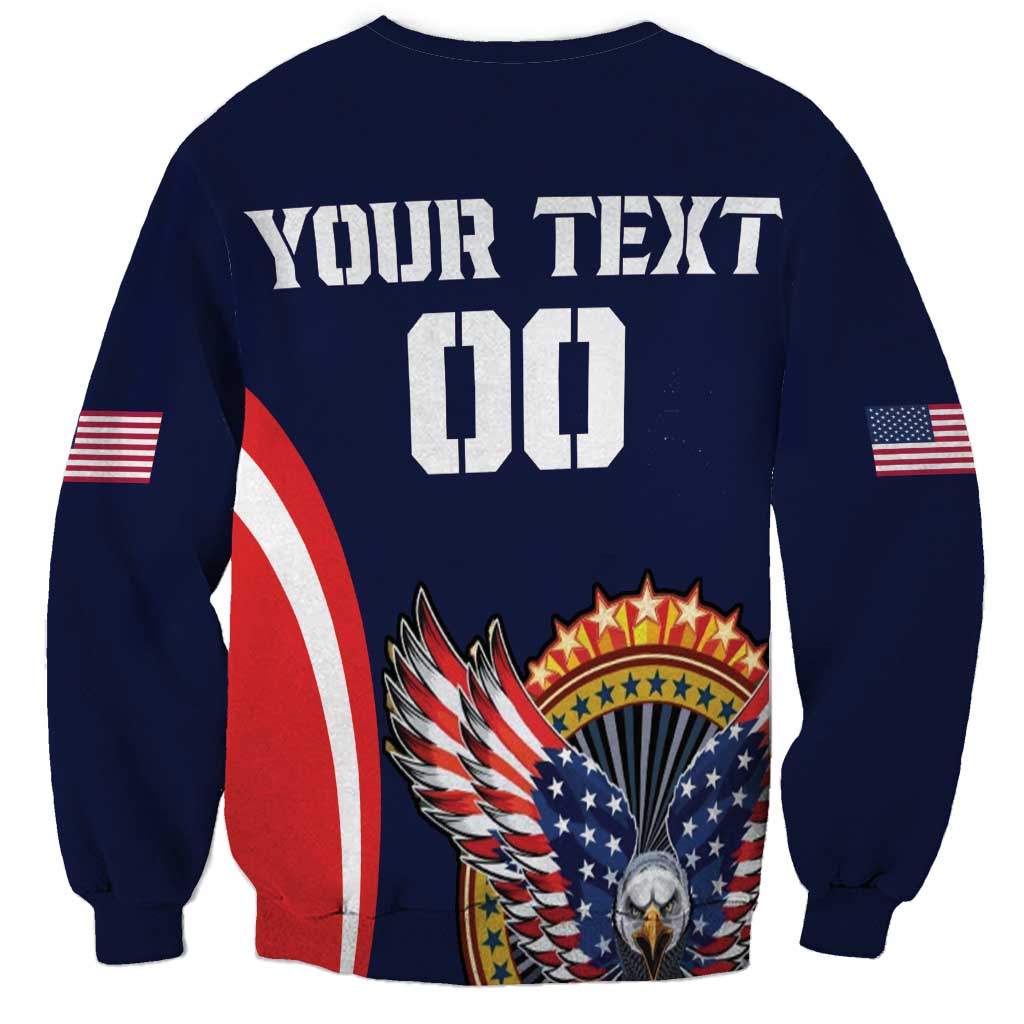 Blue rugby sweatshirt with back YOUR TEXT 00, eagle emblem, and flag stripes