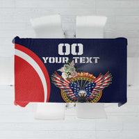 Navy custom rugby tablecloth with “100” and “YOUR TEXT” over USA eagle and flags