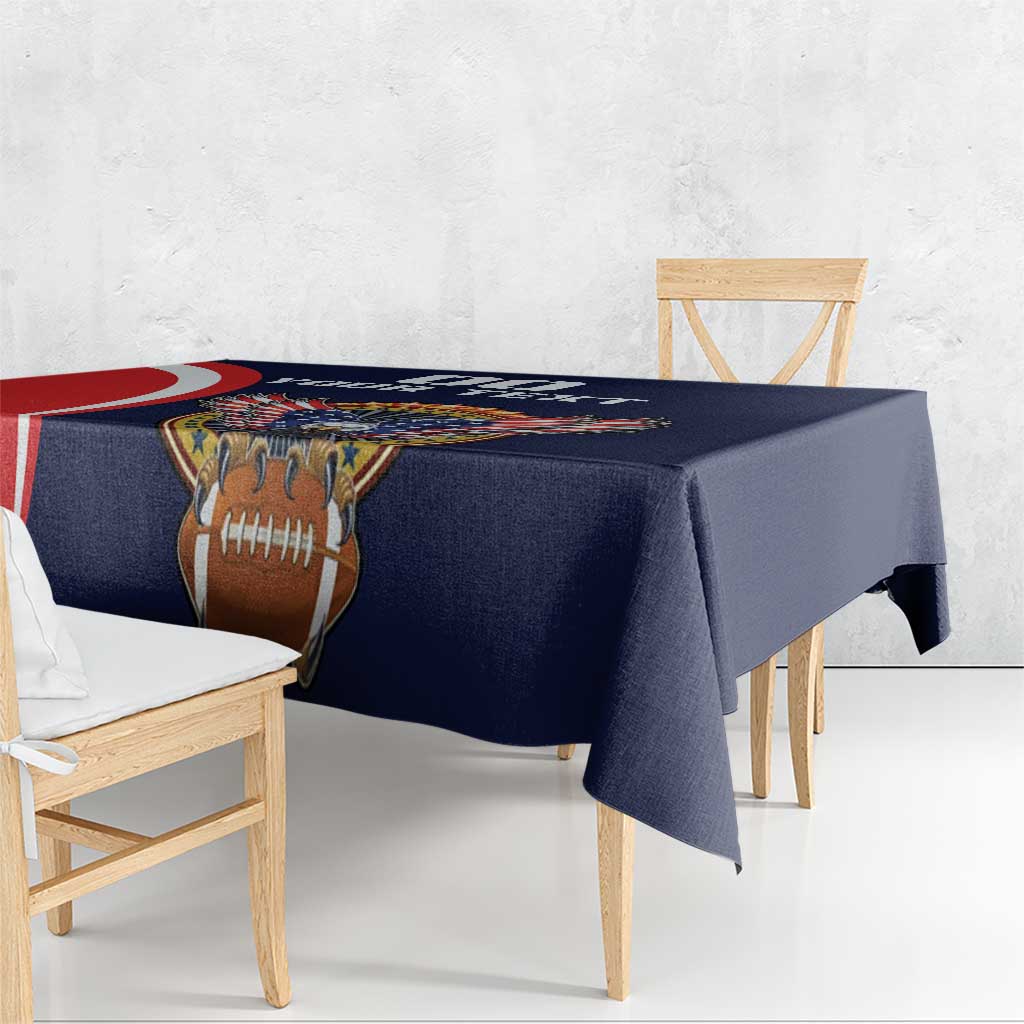 Navy tablecloth with rugby ball graphic, stars and USA eagle motif, plus red accents
