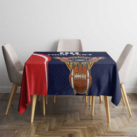 Navy tablecloth with rugby ball artwork, red side stripe, and USA eagle center graphic
