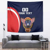 Navy USA rugby tapestry with red-white circle, eagle crest, and '00 YOUR TEXT'.