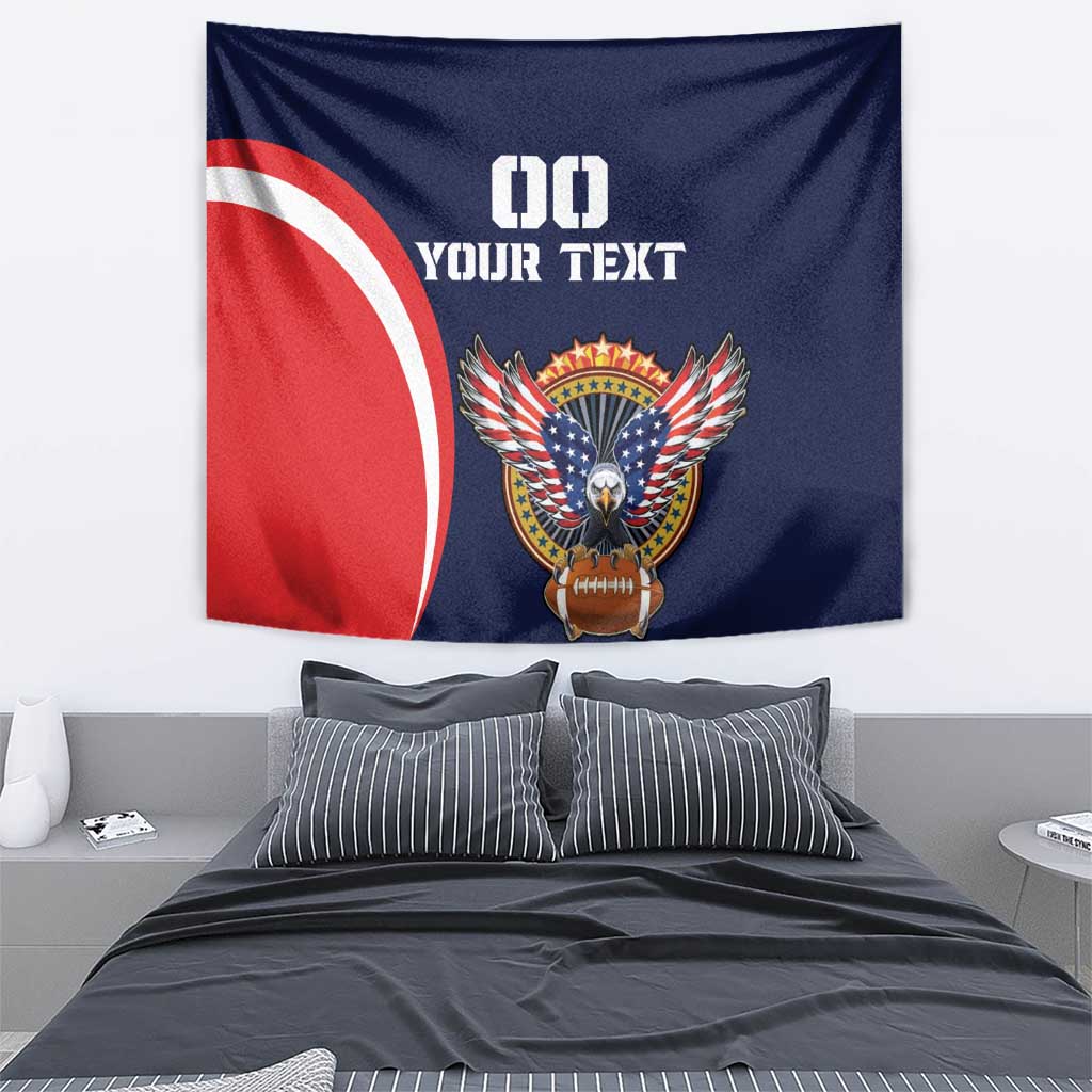 Navy USA rugby tapestry with red-white circle, eagle crest, and '00 YOUR TEXT'.