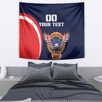 Navy USA rugby tapestry with red-white circle, eagle crest, and '00 YOUR TEXT'.