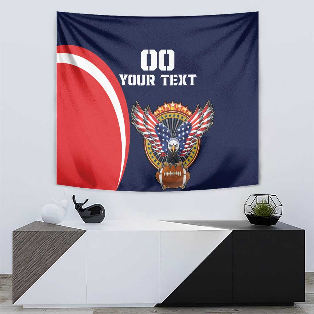 Navy USA rugby tapestry with red-white circle, eagle crest, and '00 YOUR TEXT'.