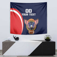 Navy USA rugby tapestry with red-white circle, eagle crest, and '00 YOUR TEXT'.