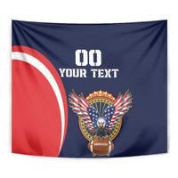 Close-up navy USA rugby tapestry with eagle crest and '00 YOUR TEXT' on top.