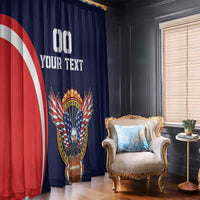 Navy blue window curtain with red stripe, eagle football emblem, and YOUR TEXT print.