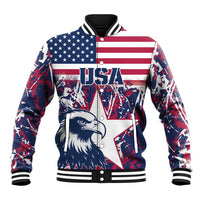 USA rugby baseball jacket in red/blue with eagle graphic, button front, striped collar
