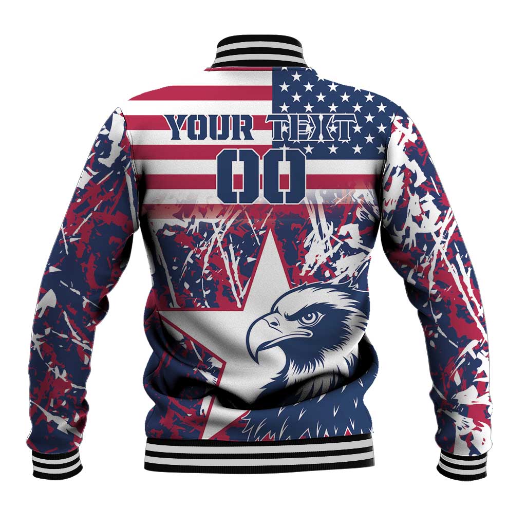 Back view of USA rugby baseball jacket in red/blue with eagle and 'YOUR TEXT' design