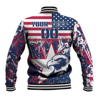 Back view of USA rugby baseball jacket in red/blue with eagle and 'YOUR TEXT' design