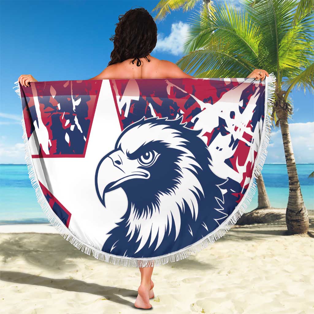 Round beach blanket with eagle graphic in navy, red-white-blue shapes, and white fringe