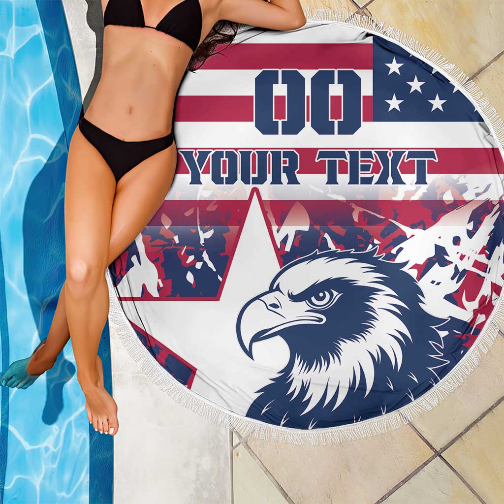 Round beach blanket with navy eagle head, red-white-blue stripes, and white fringe edge