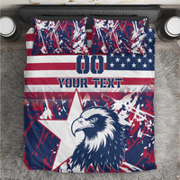 Close-up rugby-style bedding set: eagle face, red-white stripes, and star border motifs