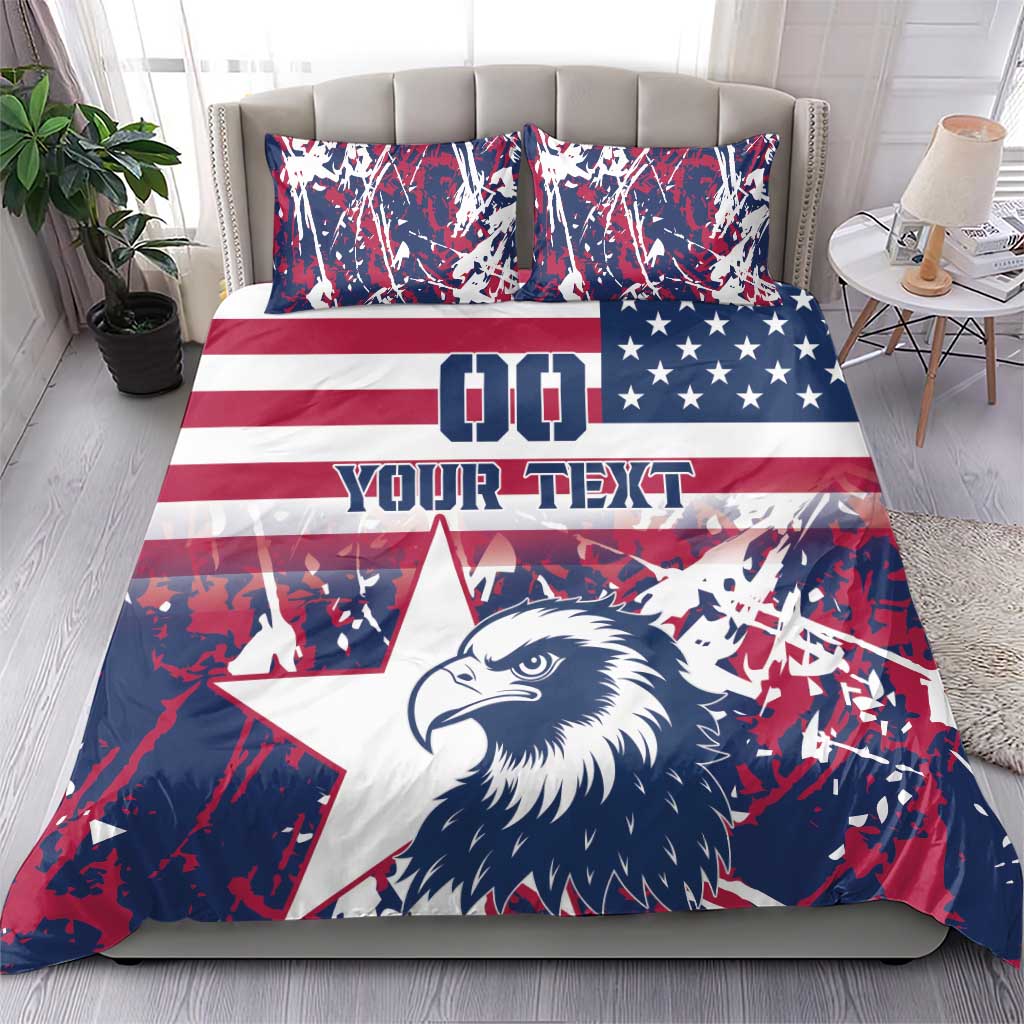 Rugby-style bedding set with two pillows: eagle head, red-white-blue stars, and stripes
