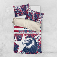 Red, navy, and white rugby-style bedding set with eagle graphic and striped panel accents