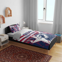 Rugby-style bedding set on bed: red, navy, and white with eagle and star-striped design