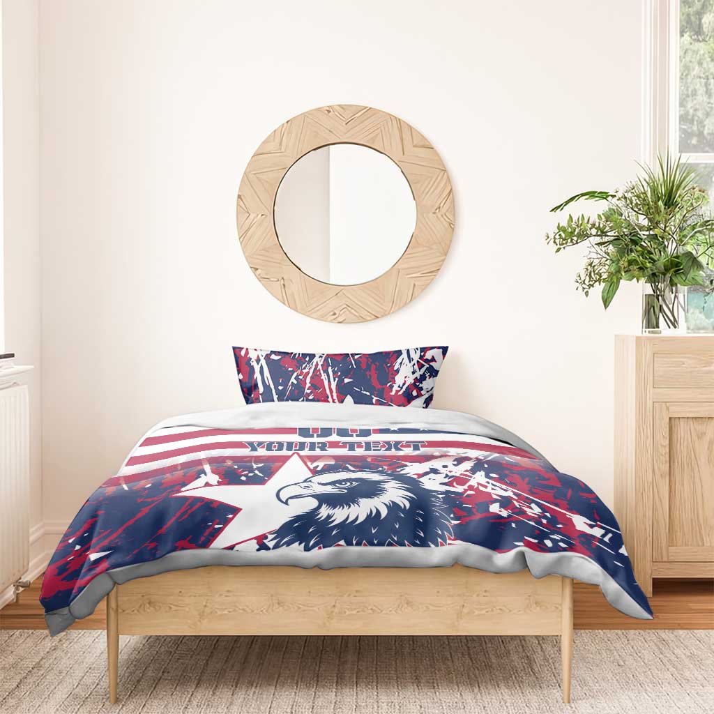 Navy, red, and white duvet cover with eagle head graphic and star-and-stripe bands