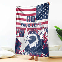 USA rugby blanket hanging with red-white stripes, blue stars corner, eagle graphic