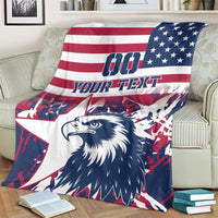 USA rugby blanket draped on sofa with red-white stripes, blue stars corner, eagle graphic