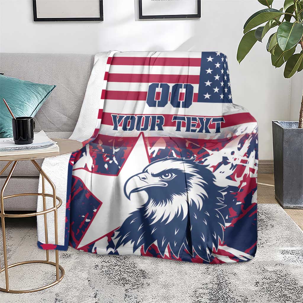 USA rugby blanket with red-white stripes, blue star corner, bald eagle and custom text