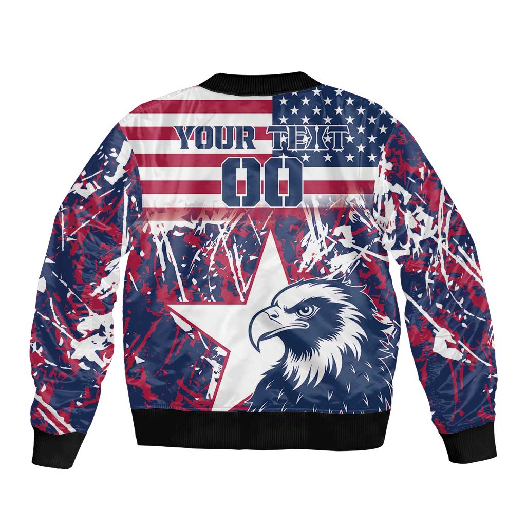 Back of USA flag rugby bomber jacket with custom text panel, eagle head graphic, ribbed hem