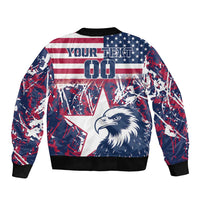 Back of USA flag rugby bomber jacket with custom text panel, eagle head graphic, ribbed hem
